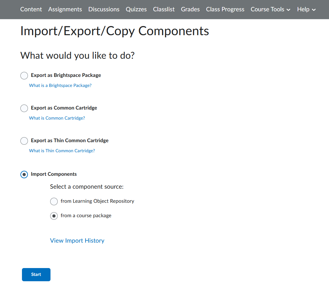 brightspace import components into course page