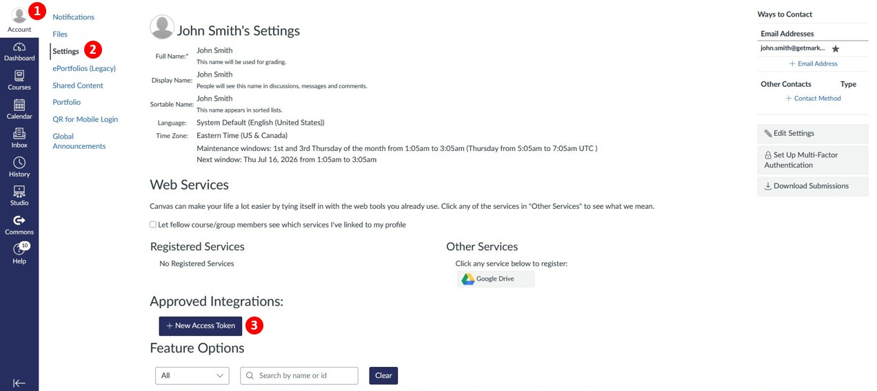 Canvas account settings annotated