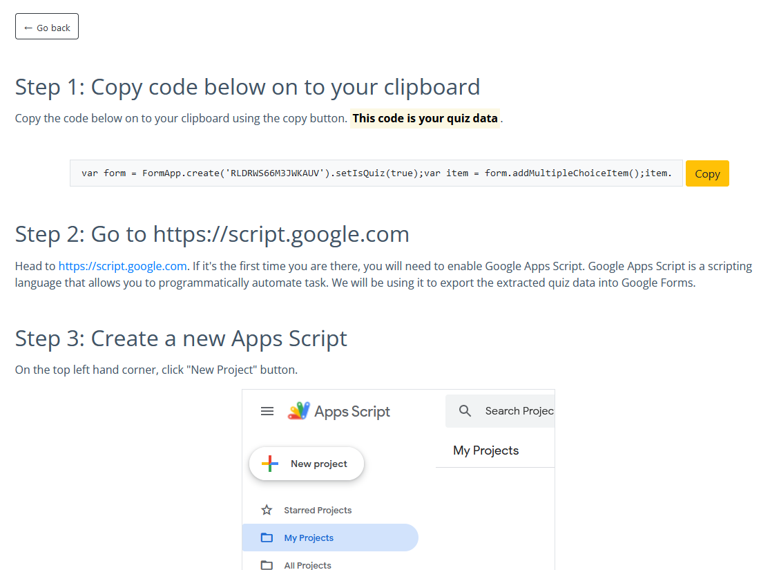 Instructions on how to use google app script to generate a google form