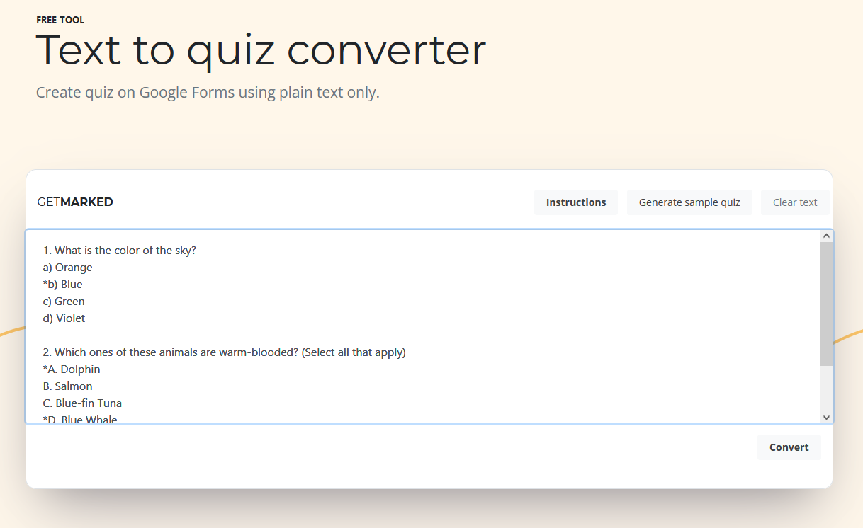 Text to quiz converter with sample quiz text pasted inside