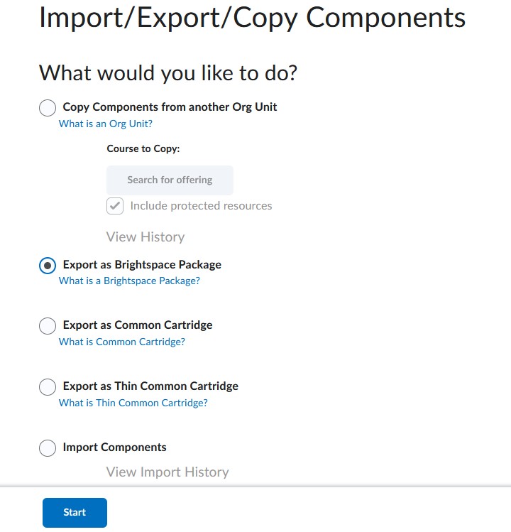 import and export options. Export as Brightspace package.