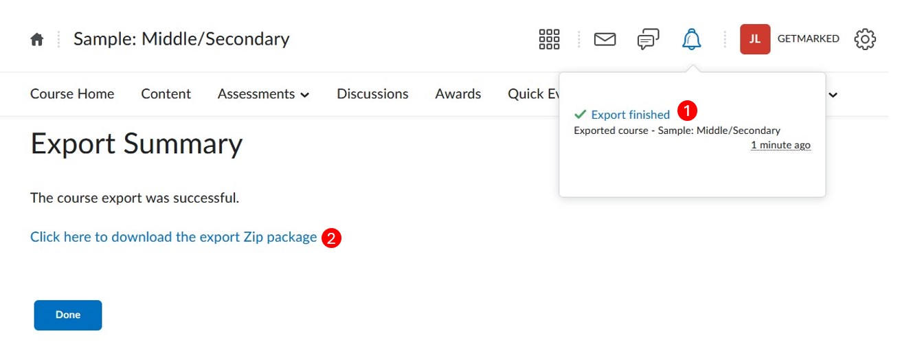 D2L Brightspace export completed