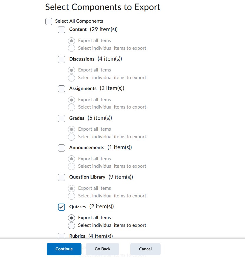 D2L Brightspace export menu options