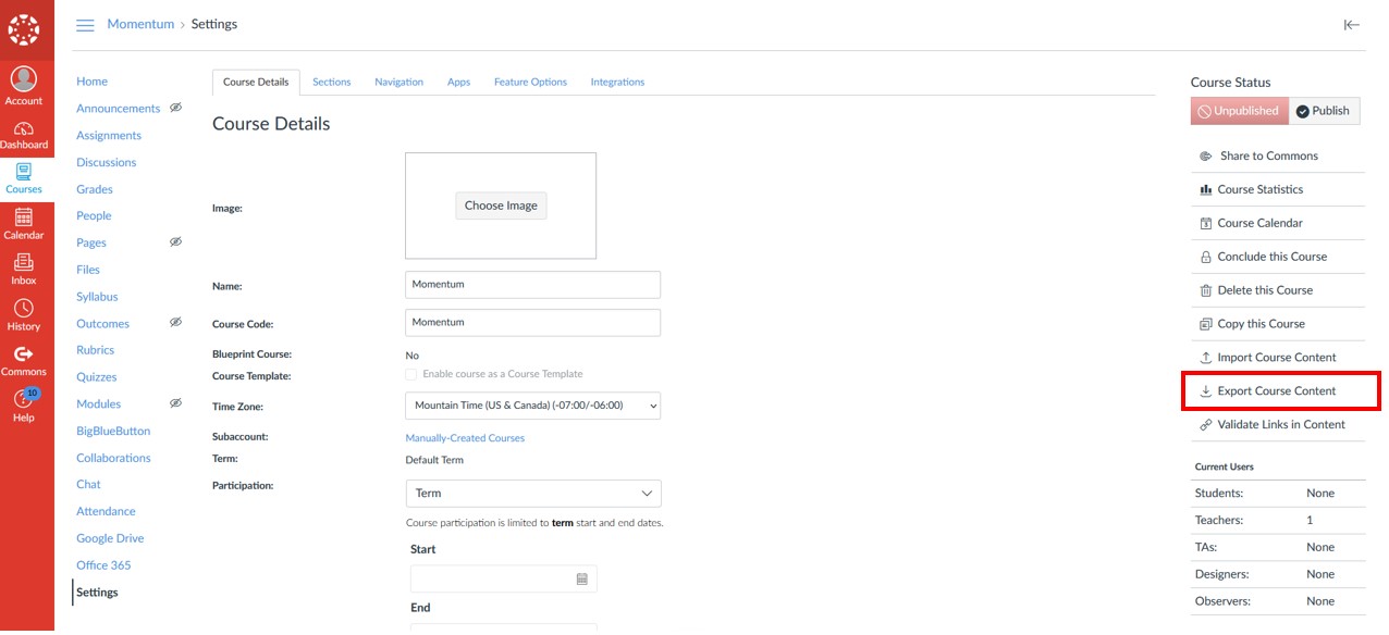 Canvas course settings page, export course content button highlighted