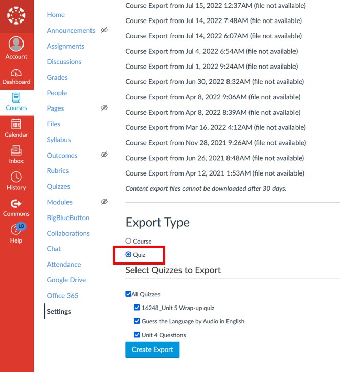 Canvas export course content page, quiz export type selected