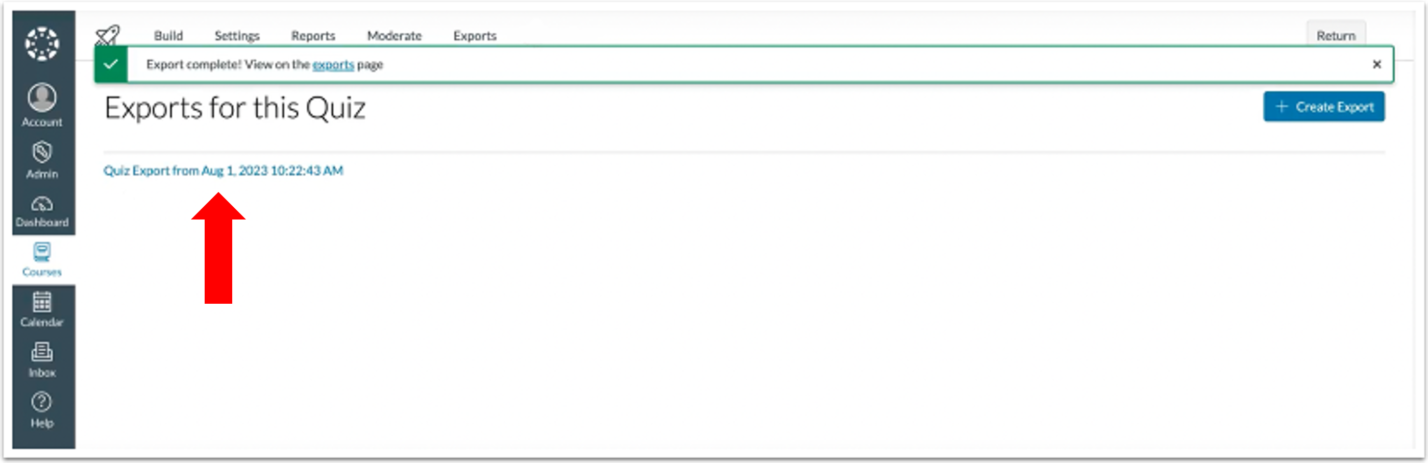 Canvas new quizzes export page with completed job