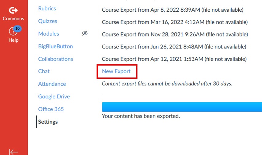 Canvas quiz export complete and download link appeared