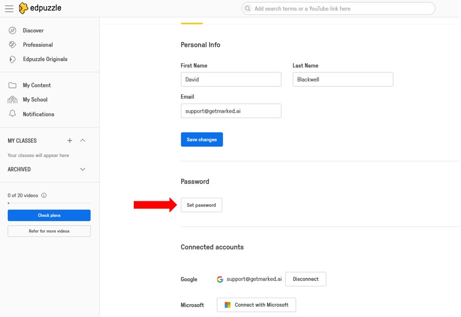 set password in Edpuzzle User Profile page