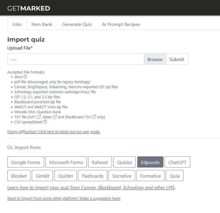 getmarked digitaliser quiz importer interface