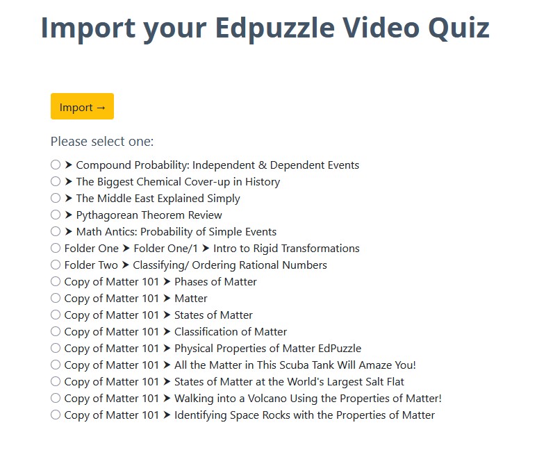 GETMARKED edpuzzle importer - quizzes list