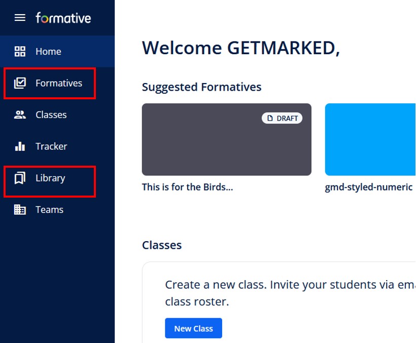formative.com dashboard with formative and library tab highlighted