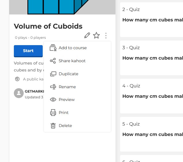 more options menu in kahoot quiz