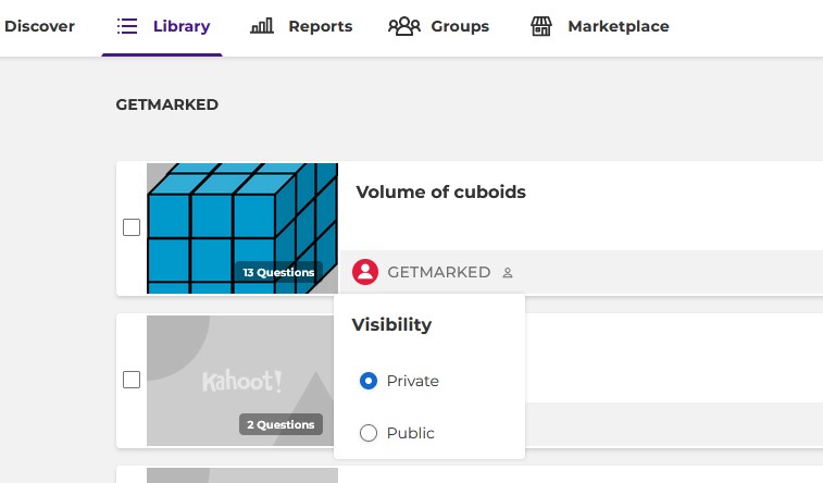 change visibility of kahoot