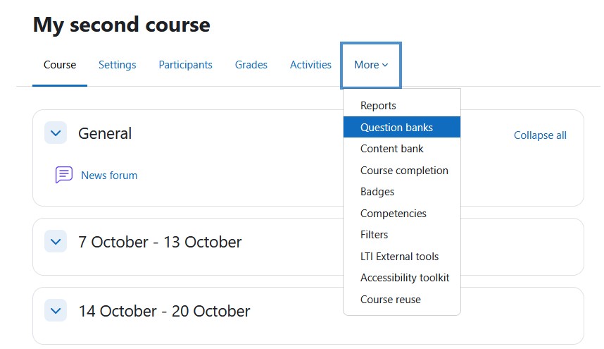 moodle course home screen - question banks tab