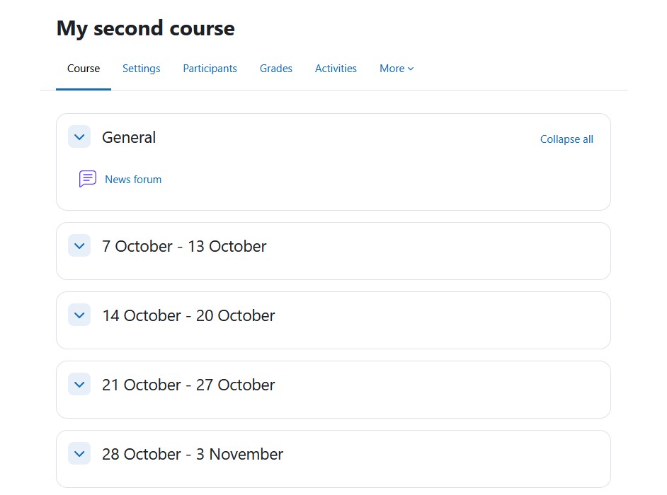 moodle course home screen