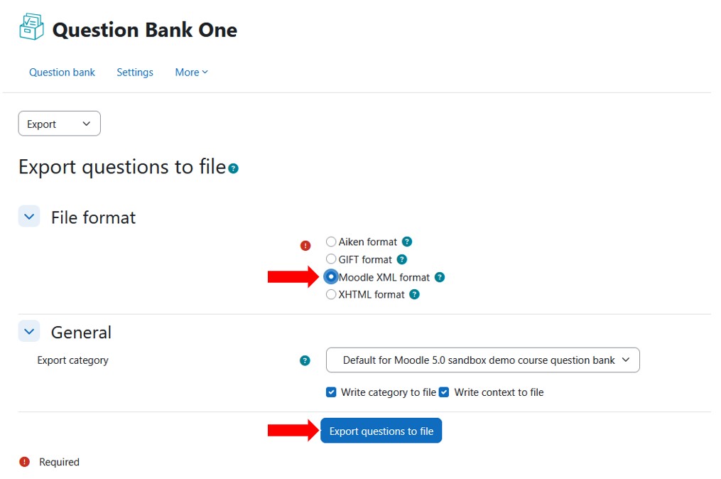 moodle question bank export configuration page