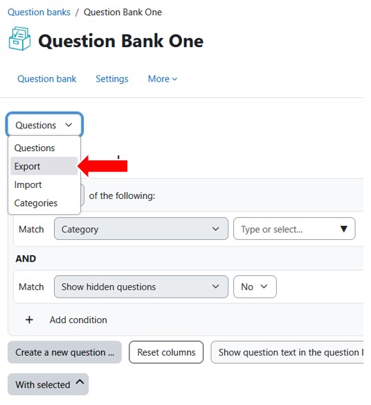 moodle question bank - export in the dropdown menu highlighted