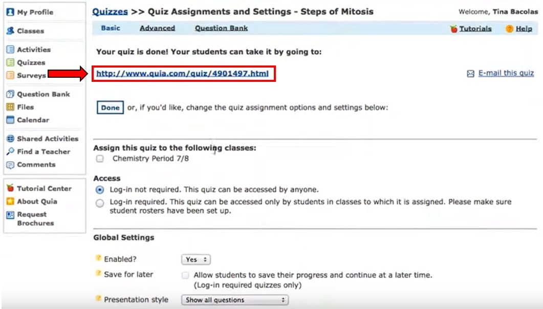 quiz link annotated, quiz from quia.com