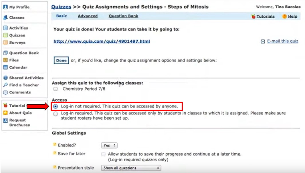 quiz setting page of quia.com, set quiz to not require login, publicly accessible