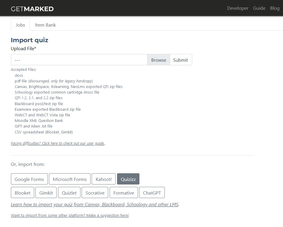 getmarked digitaliser dashboard with importing options like quizizz, kahoot, blooket, gimkit and google forms