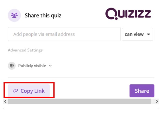 public link access enable in quizizz quiz