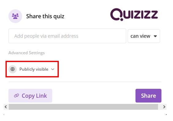 share options of quizizz quiz