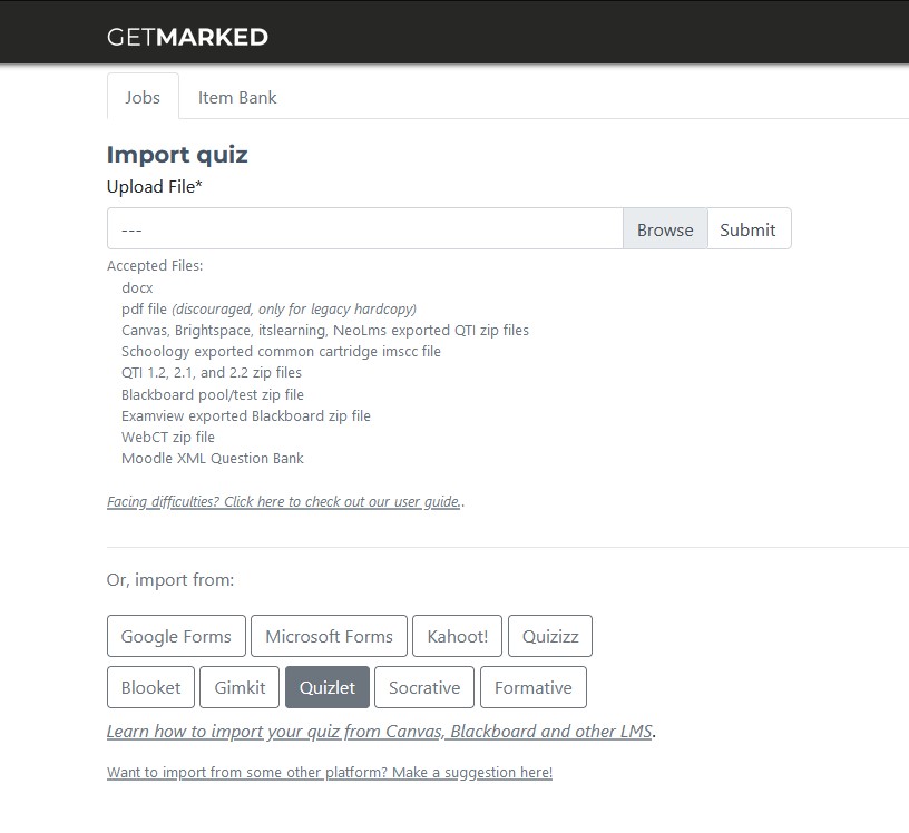 getmarked digitaliser dashboard with import options