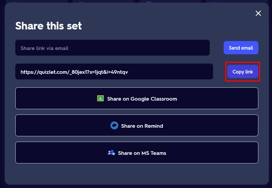annotated image of the copy link button in a quizlet set share menu options