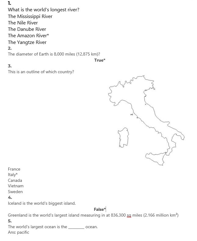 completed annotation of correct answer for every question in Word