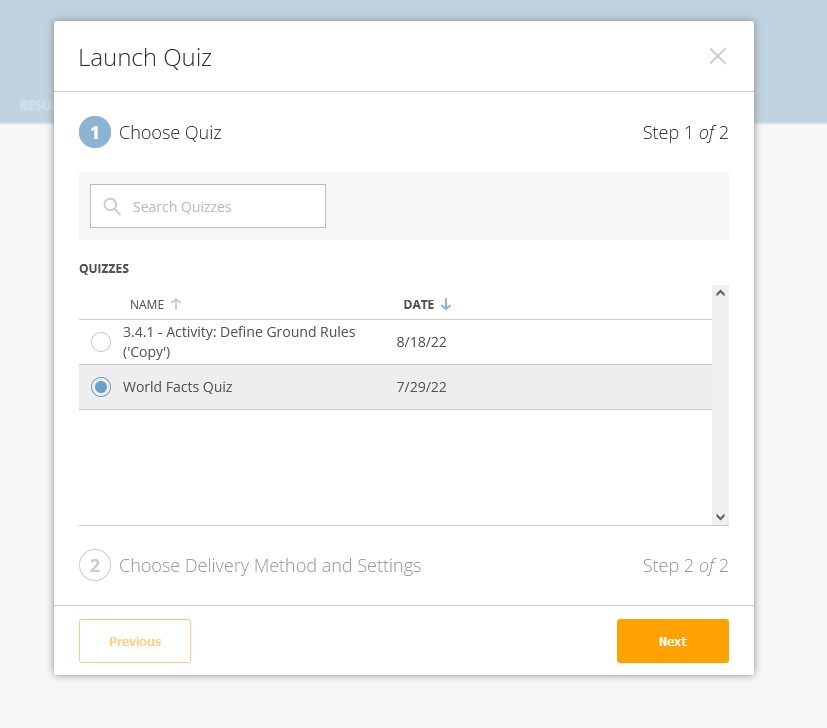 socrative select quiz in launch quiz modal