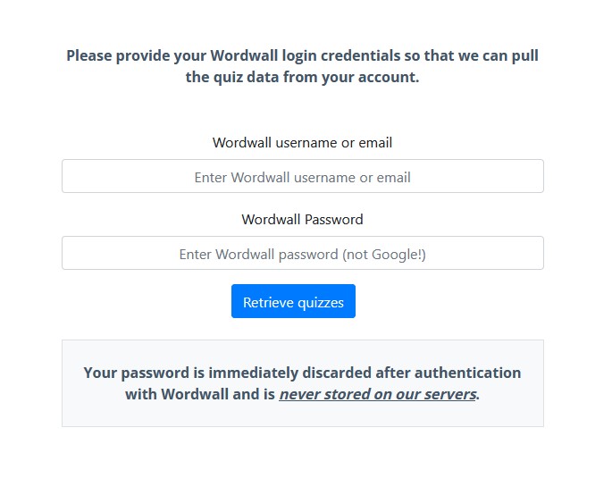 Wordwall login interface in GETMARKED to connect your Wordwall account