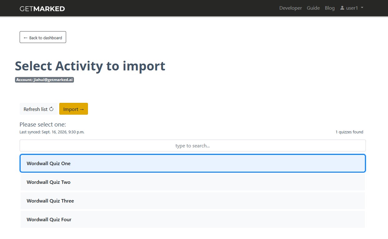 Wordwall quiz selected after sync completed