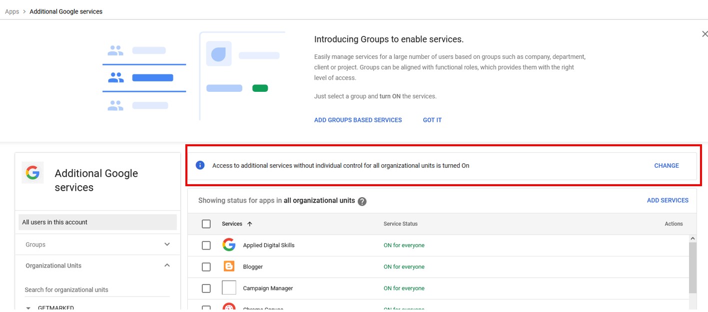 google admin console - additional services enabled for all users