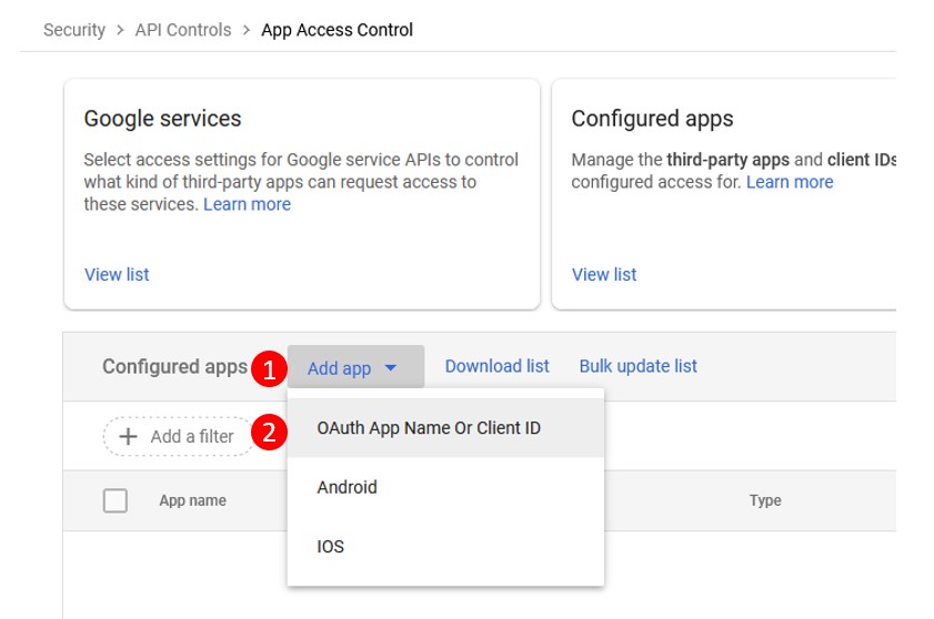 google admin console - add third party app access via client id