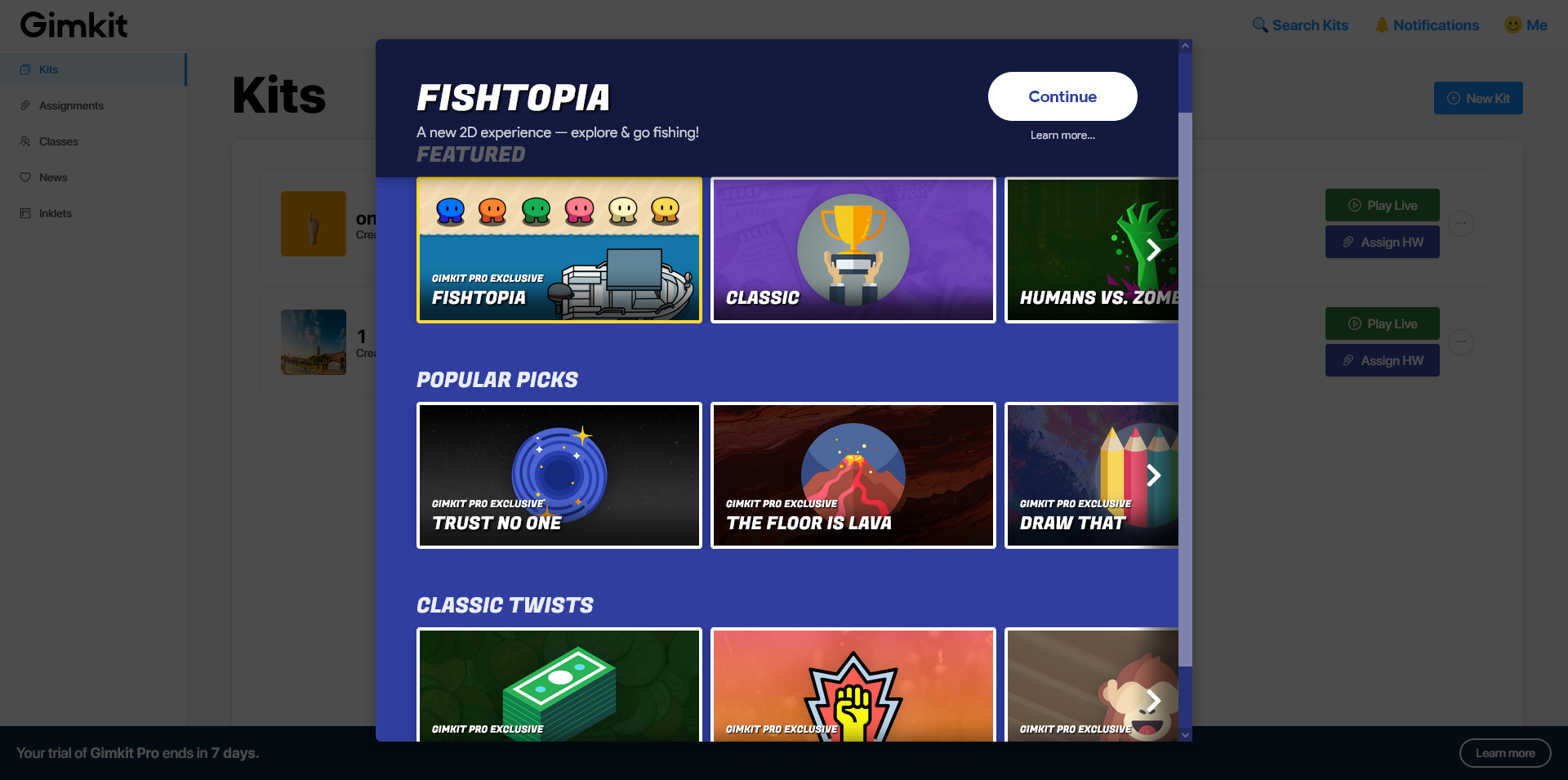 Gimkit games available to choose from