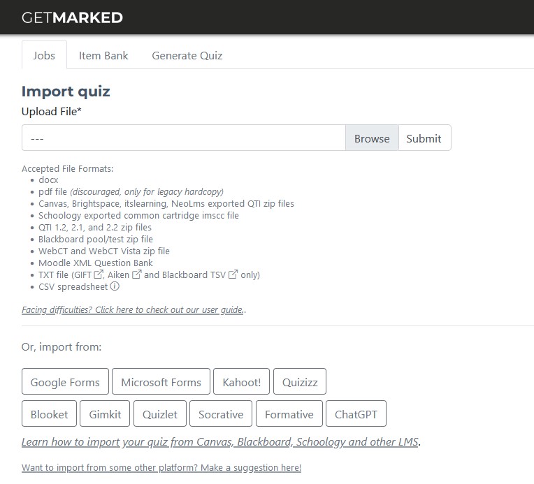 getmarked digitaliser quiz importer interface