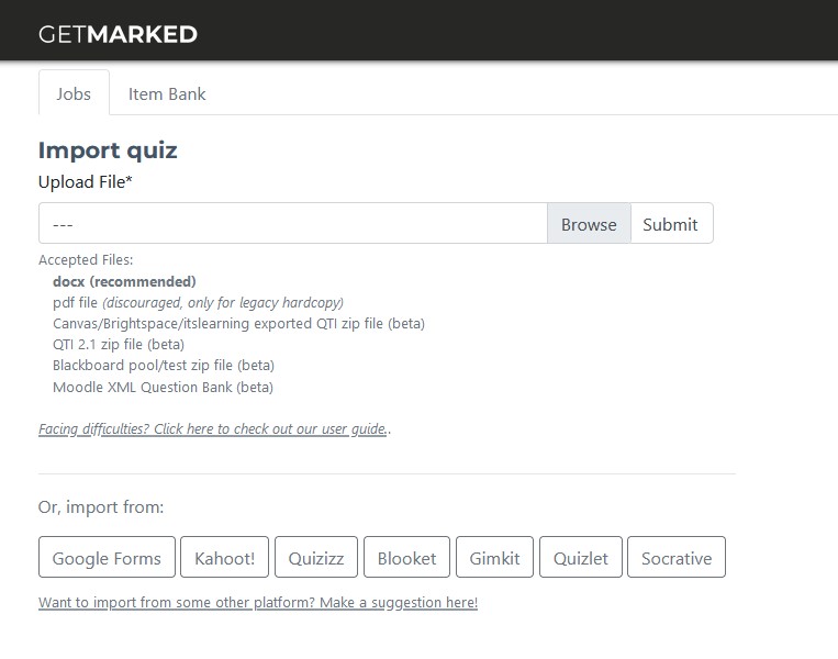 getmarked digitaliser quiz importer interface