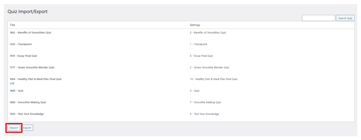 LearnDash Quiz Import and Export Page