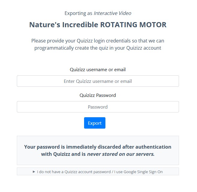 GETMARKED Quizizz exporter credential login interface
