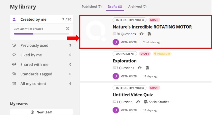 Quizizz my library (drafts)