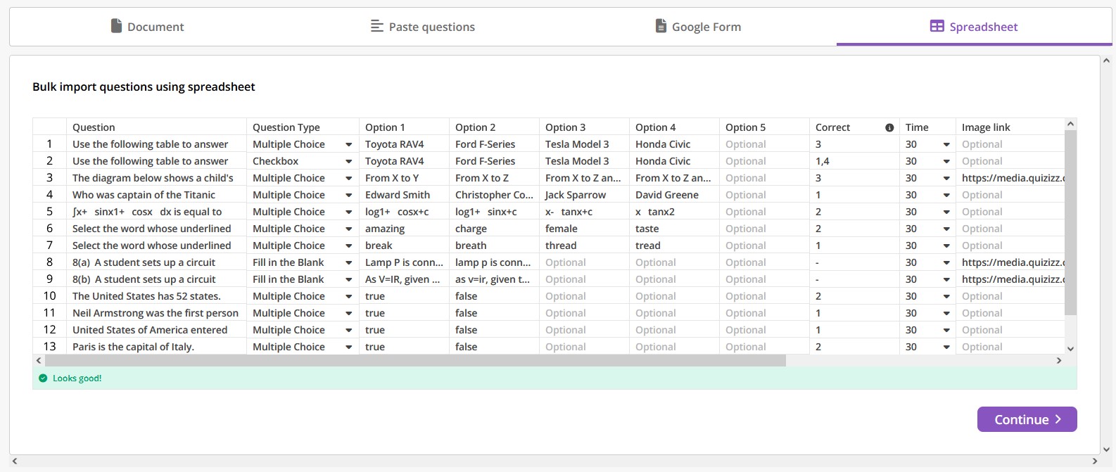 Quizizz spreadsheet quiz file uploaded to Quizizz