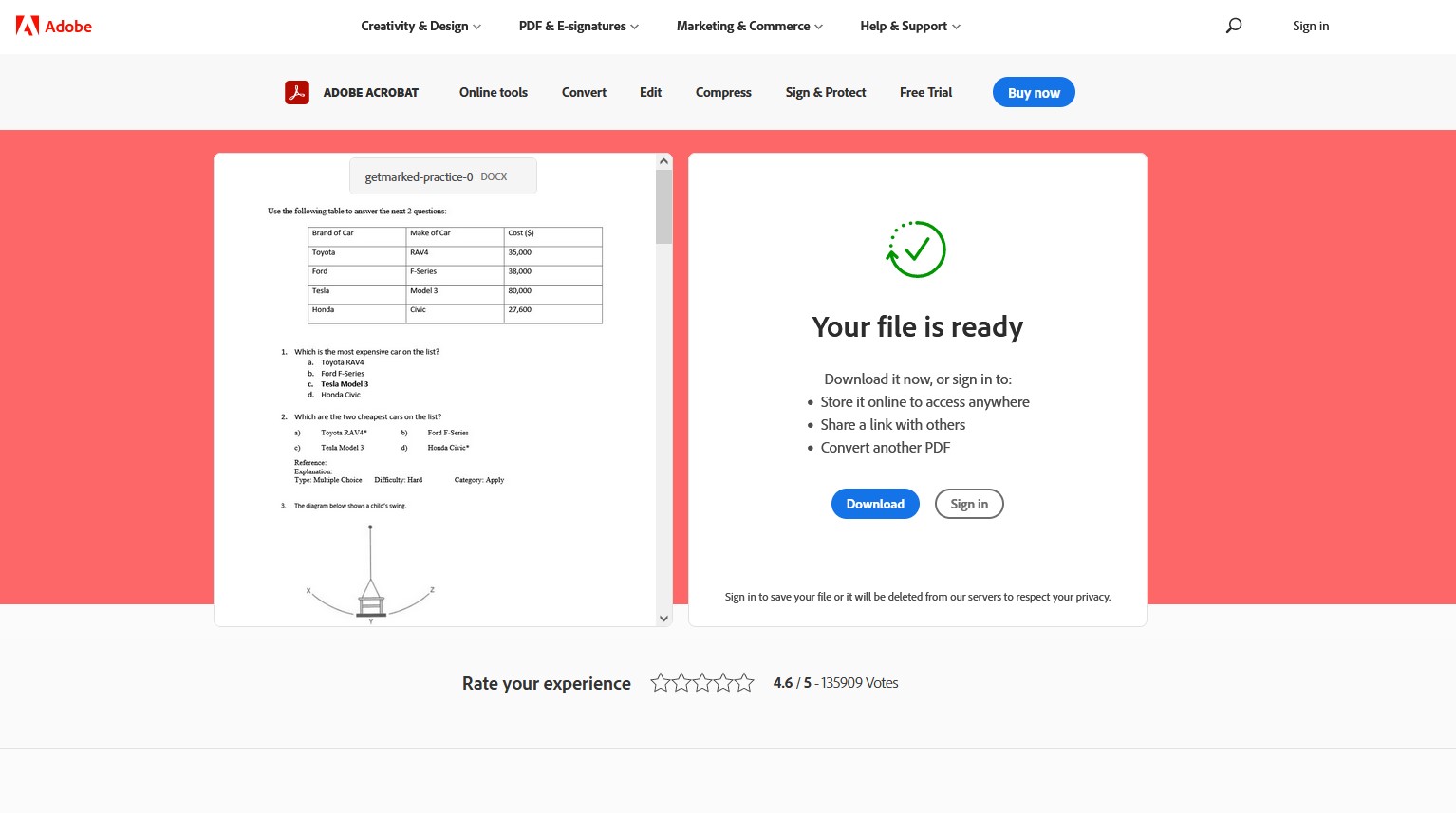 adobe conversion of pdf into docx completed