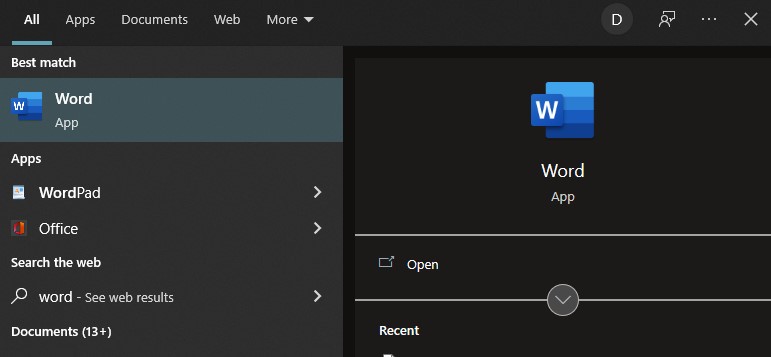 Word app in windows 10 tool bar