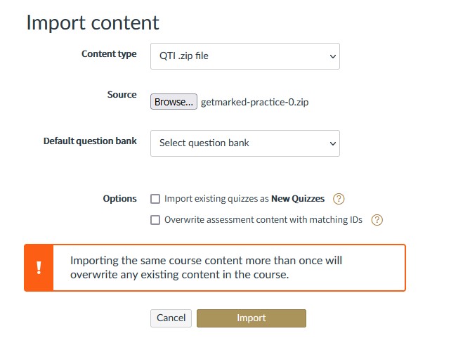 canvas qti file attached into import form