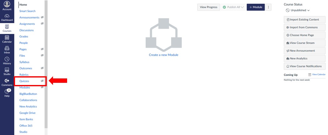 quizzes link on the left side bar in a Canvas Module