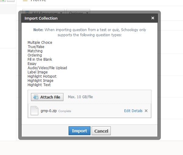 attached qti zip file to schoology import