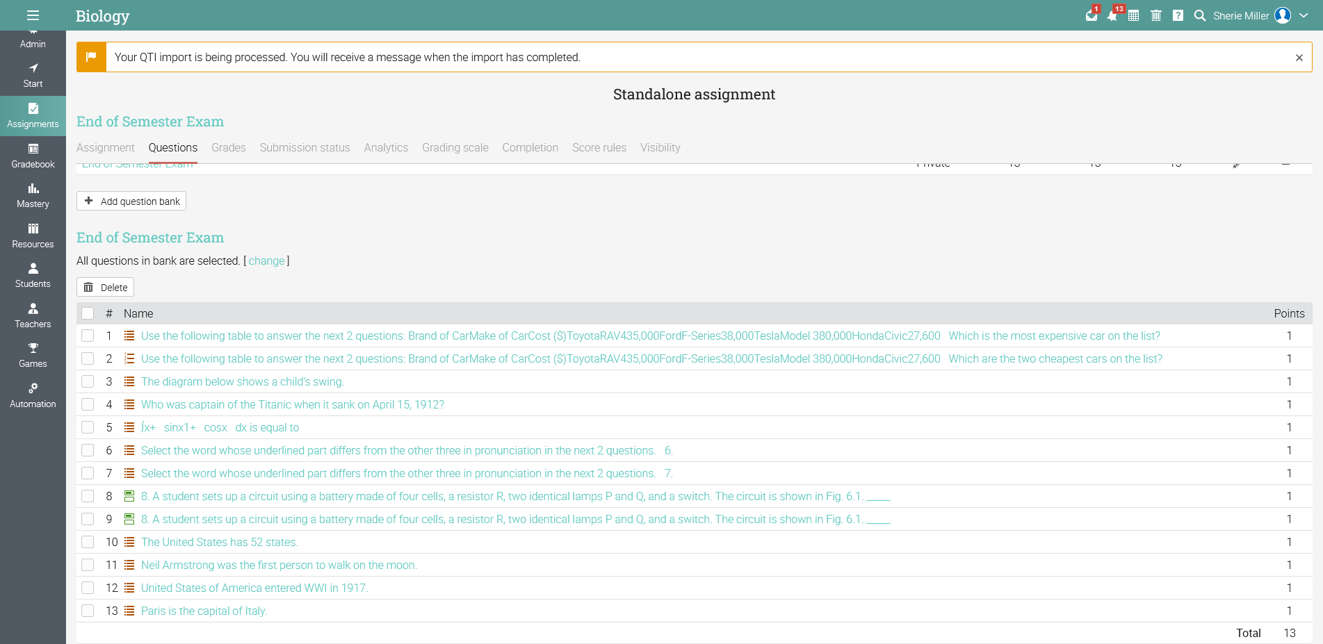 QTI file import into CYPHER LMS completed