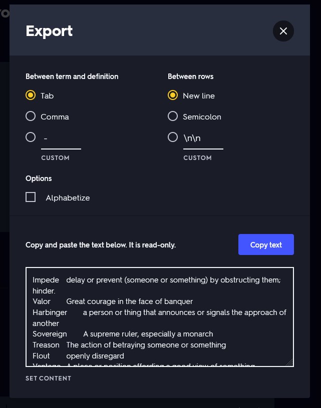 export options in quizlet flashcard