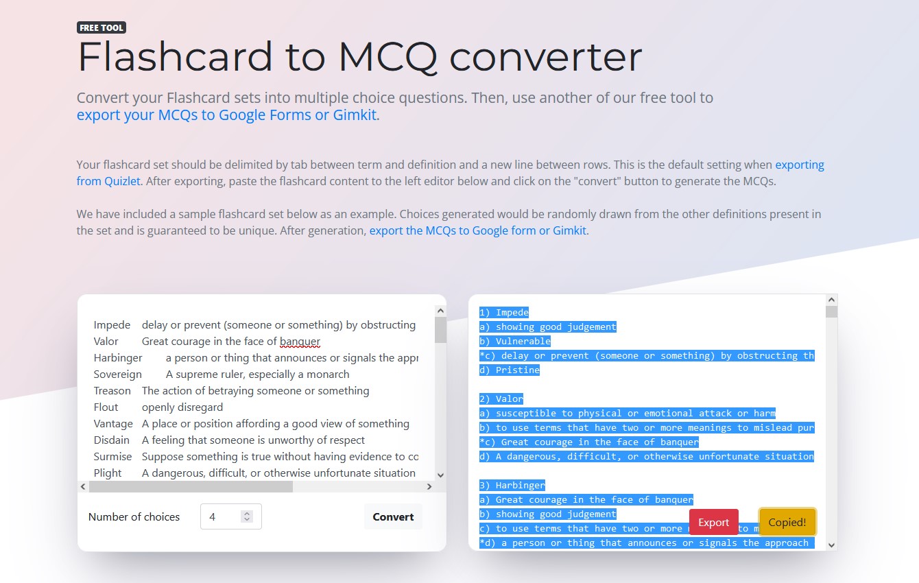 multiple choice questions copied on to clipboard