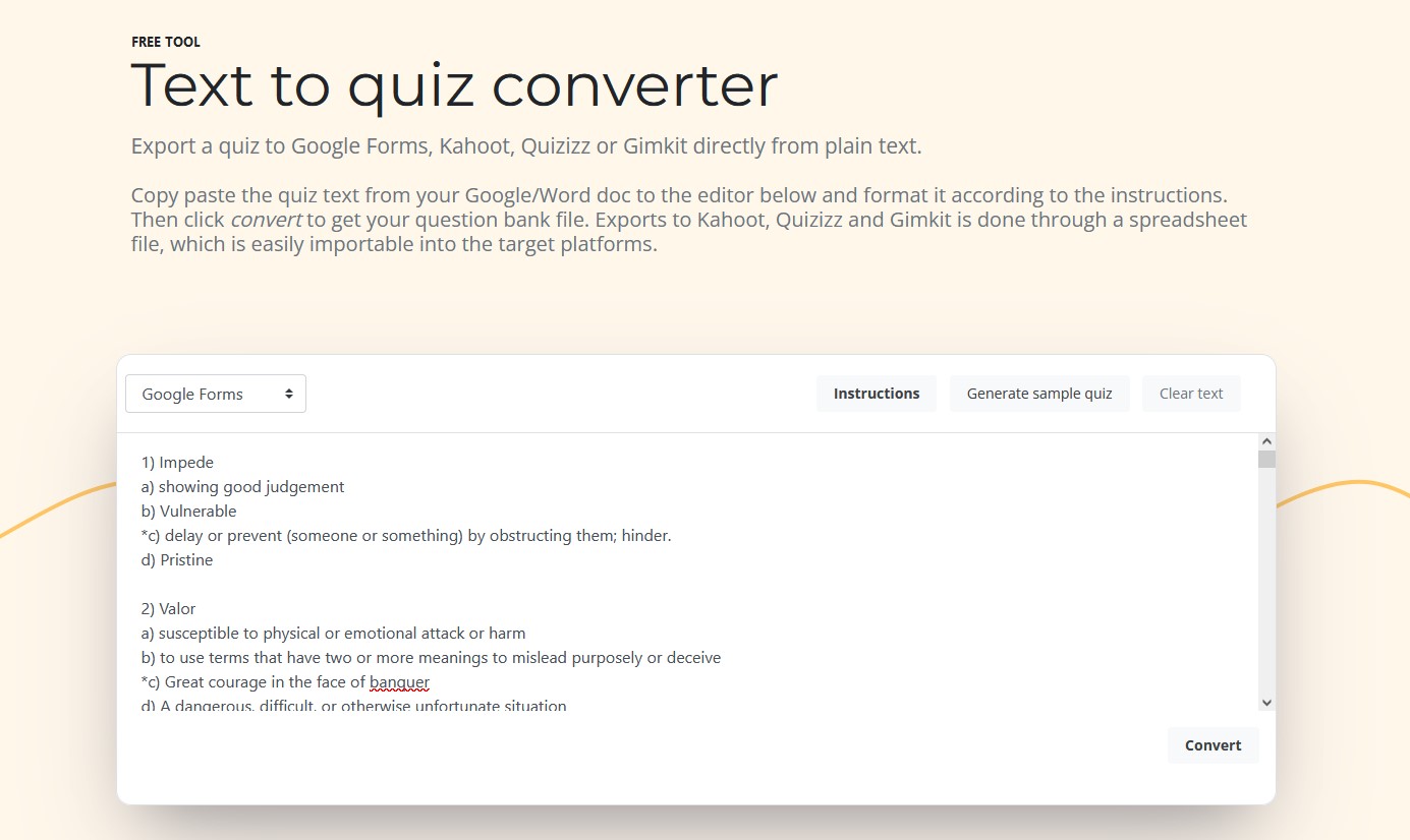text to quiz exporter with quiz content pasted